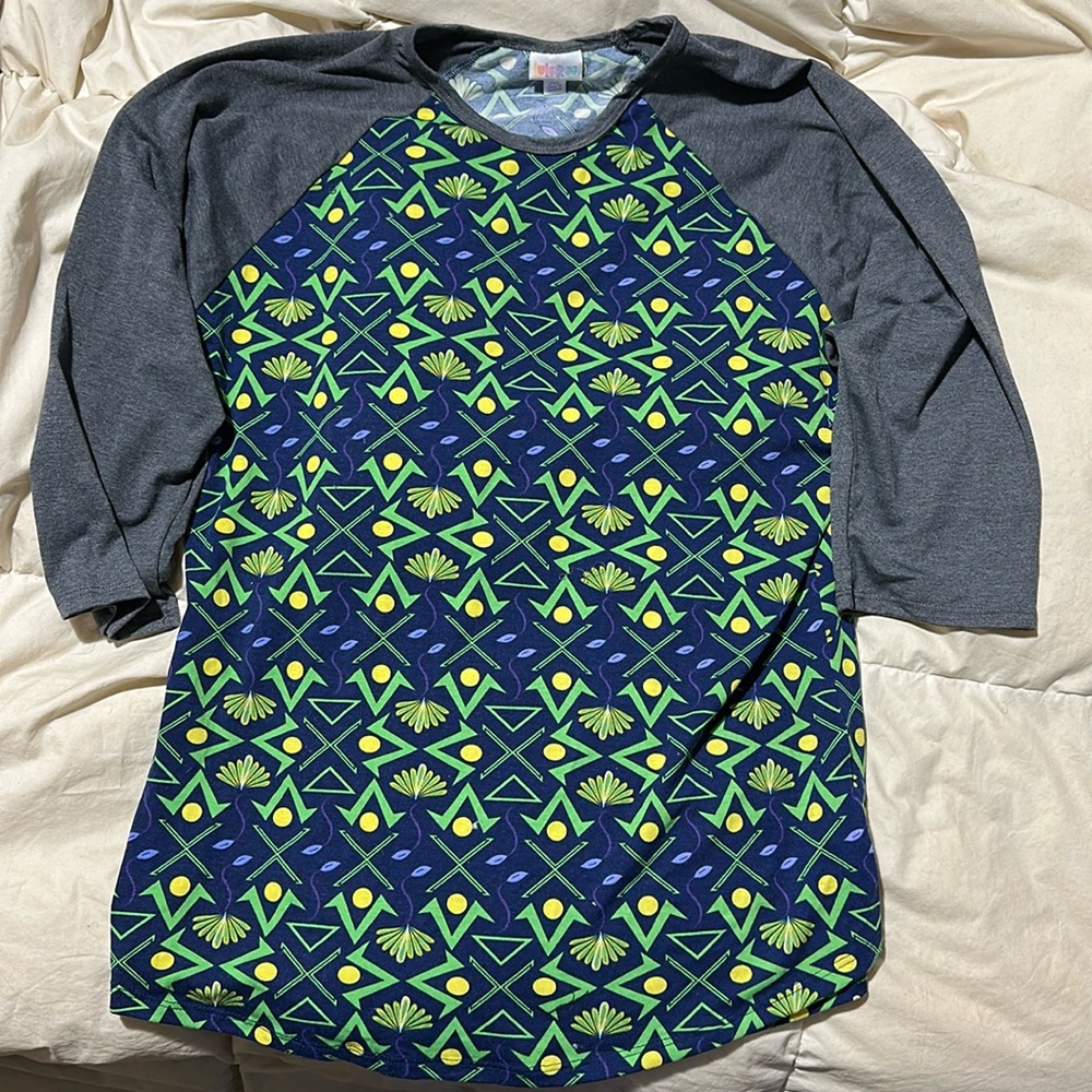 LuLaRoe baseball style shirt in blue, gray, purples, and green 3/4 sleeve